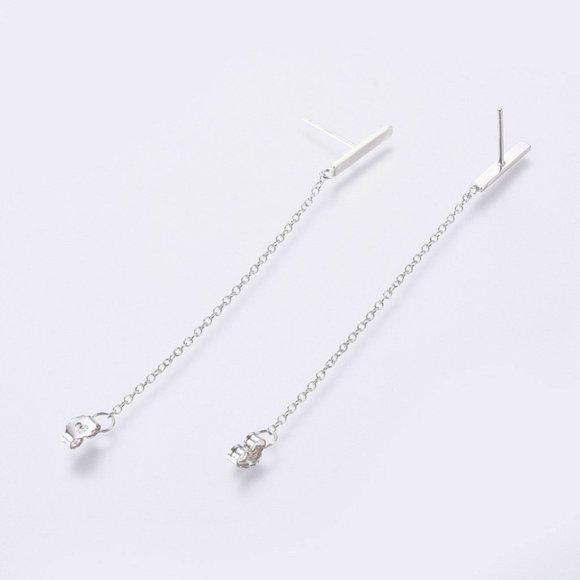 Simple Bar & Chain Stud earrings 925 Sterling Silver Unisex Back 2 front petite - Picture 2 of 3